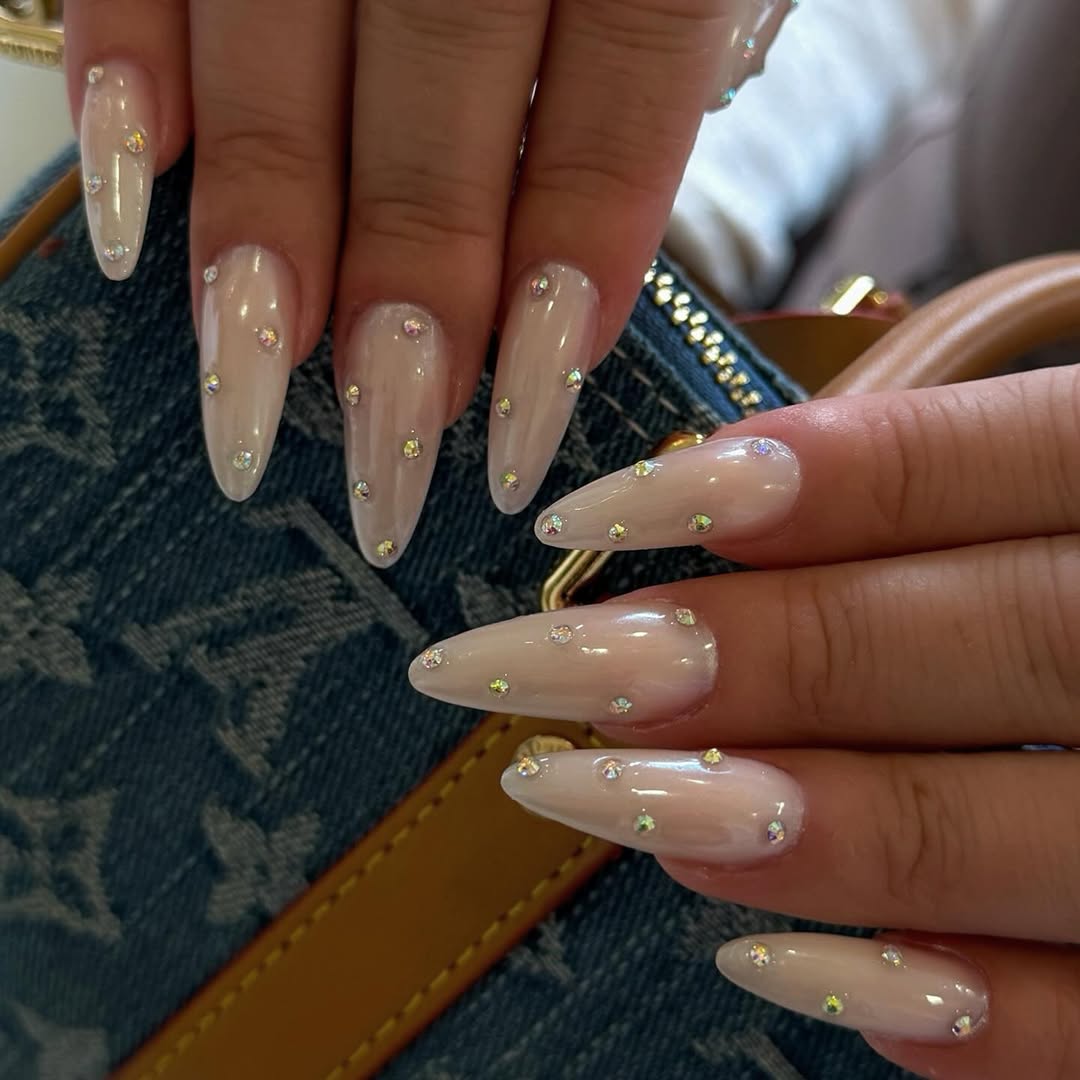Iridescent Crystal Long Stiletto Milky Nude Nails