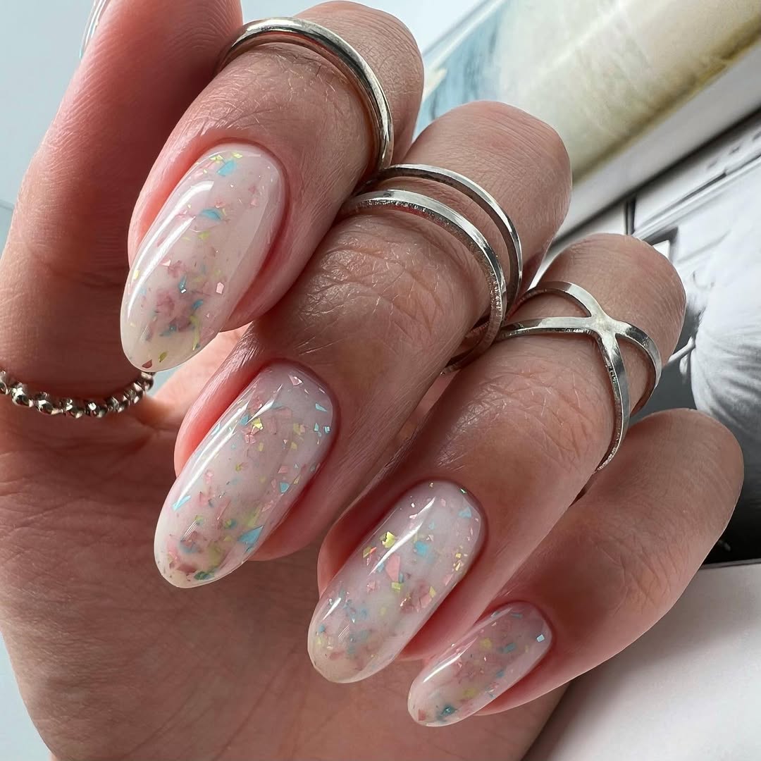 Iridescent Flakie Light Pink Oval Nails