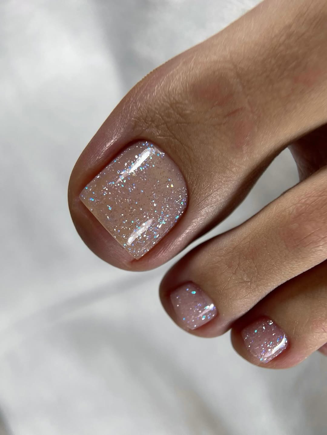 Iridescent Glitter Glossy Nude Pedicure