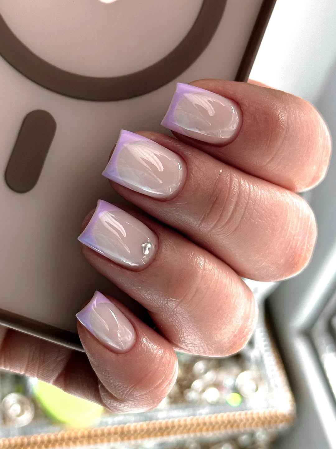 Iridescent Lilac Square French Tips with Shimmer Base