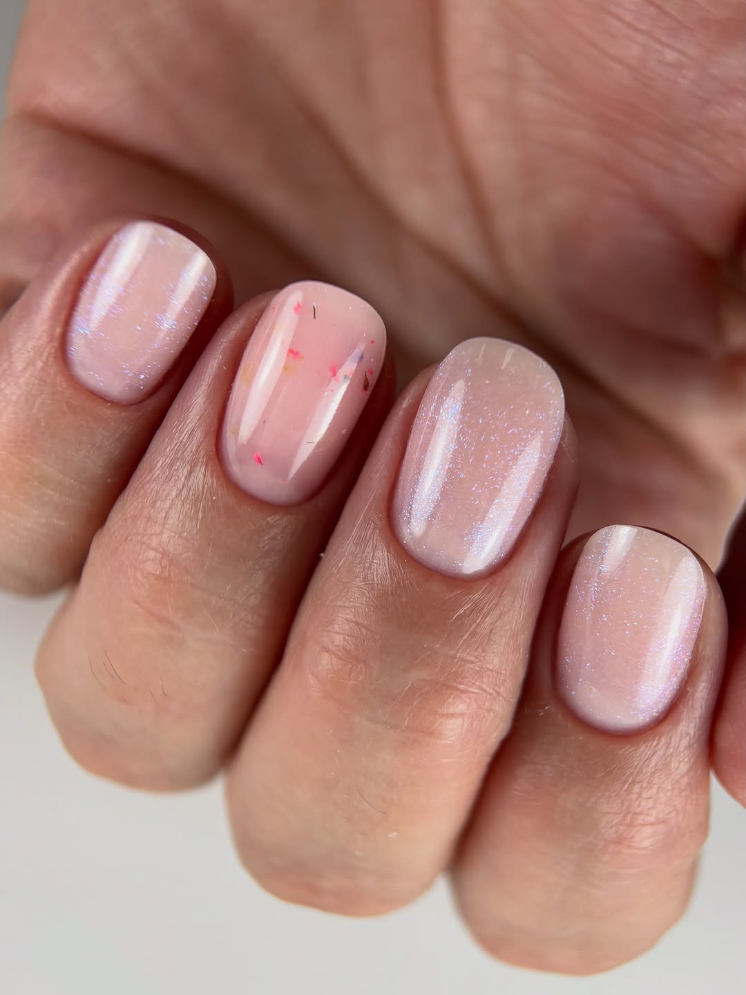Iridescent Milky Pink Short Squoval Flake Gel Nails