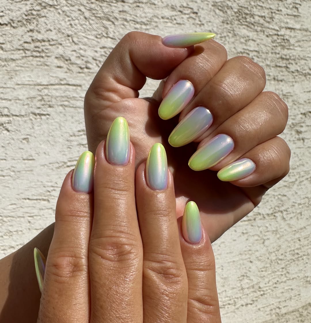 Iridescent Neon Ombre Long Almond Nails