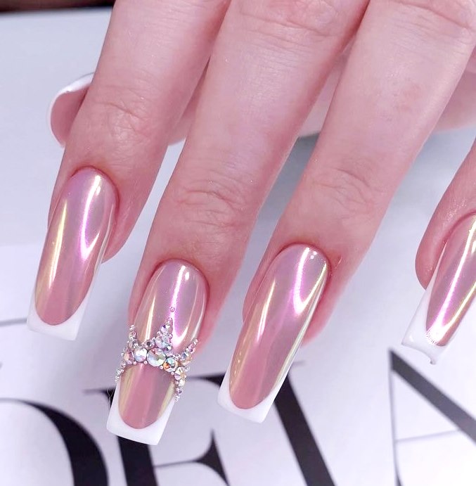 Iridescent Pink Chrome French With Rhinestone Crown