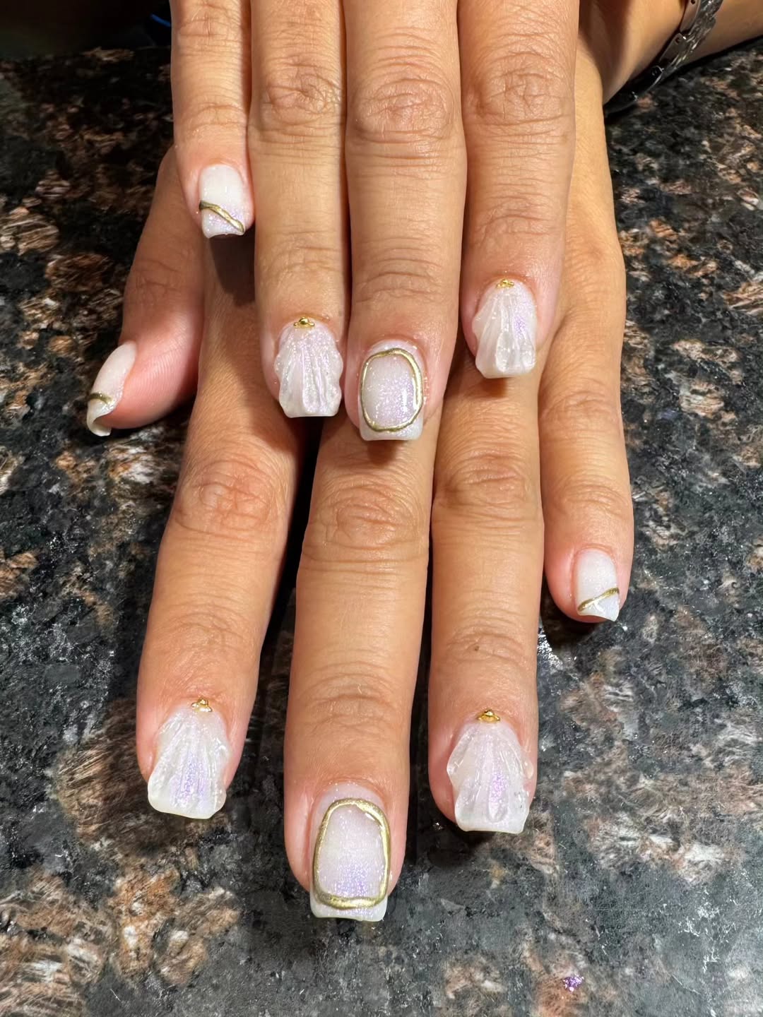 Iridescent Sea Shell and Gold Frame Short Square Nails
