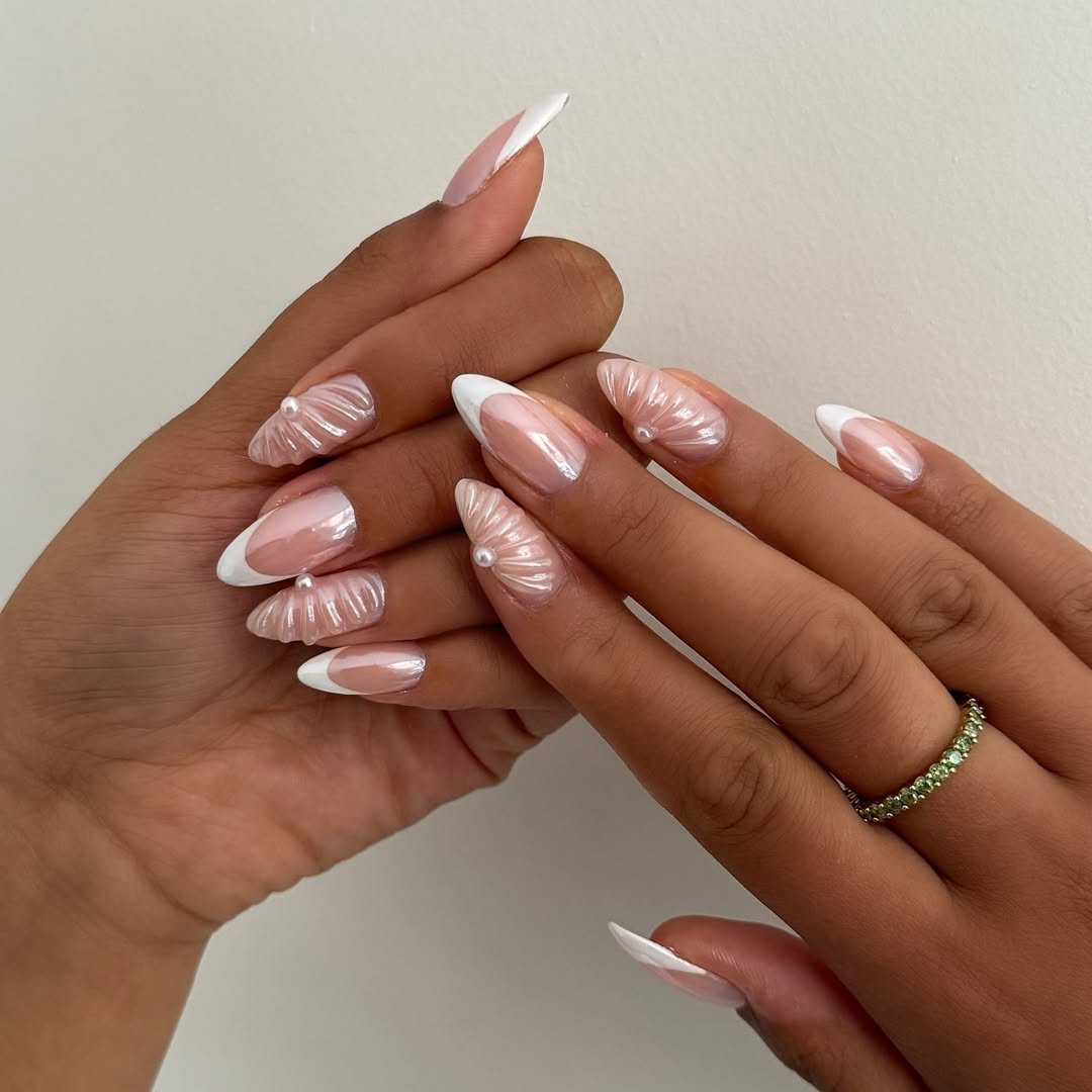 Iridescent Seashell French Tips with Pearl Accents