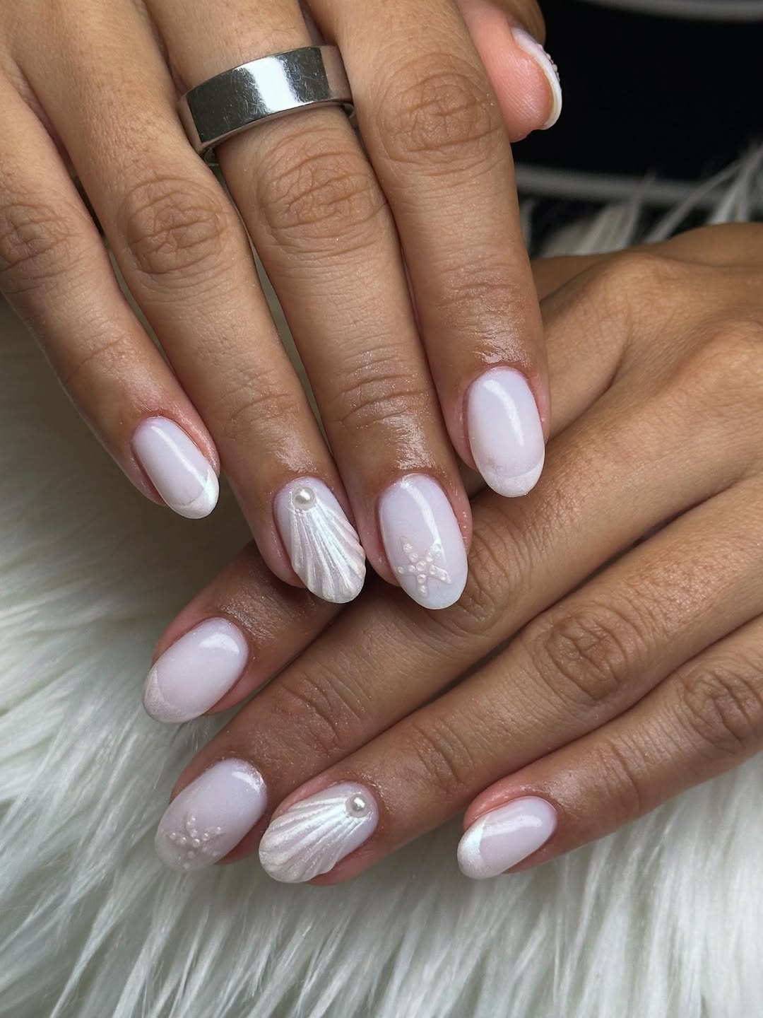 Iridescent Seashell Ocean White Nails