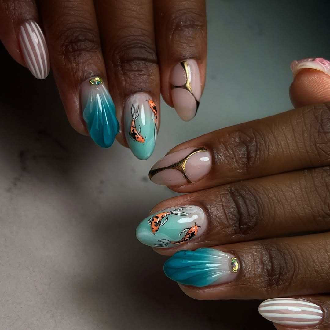 Koi Fish & Water Ripple Ocean Almond Nails