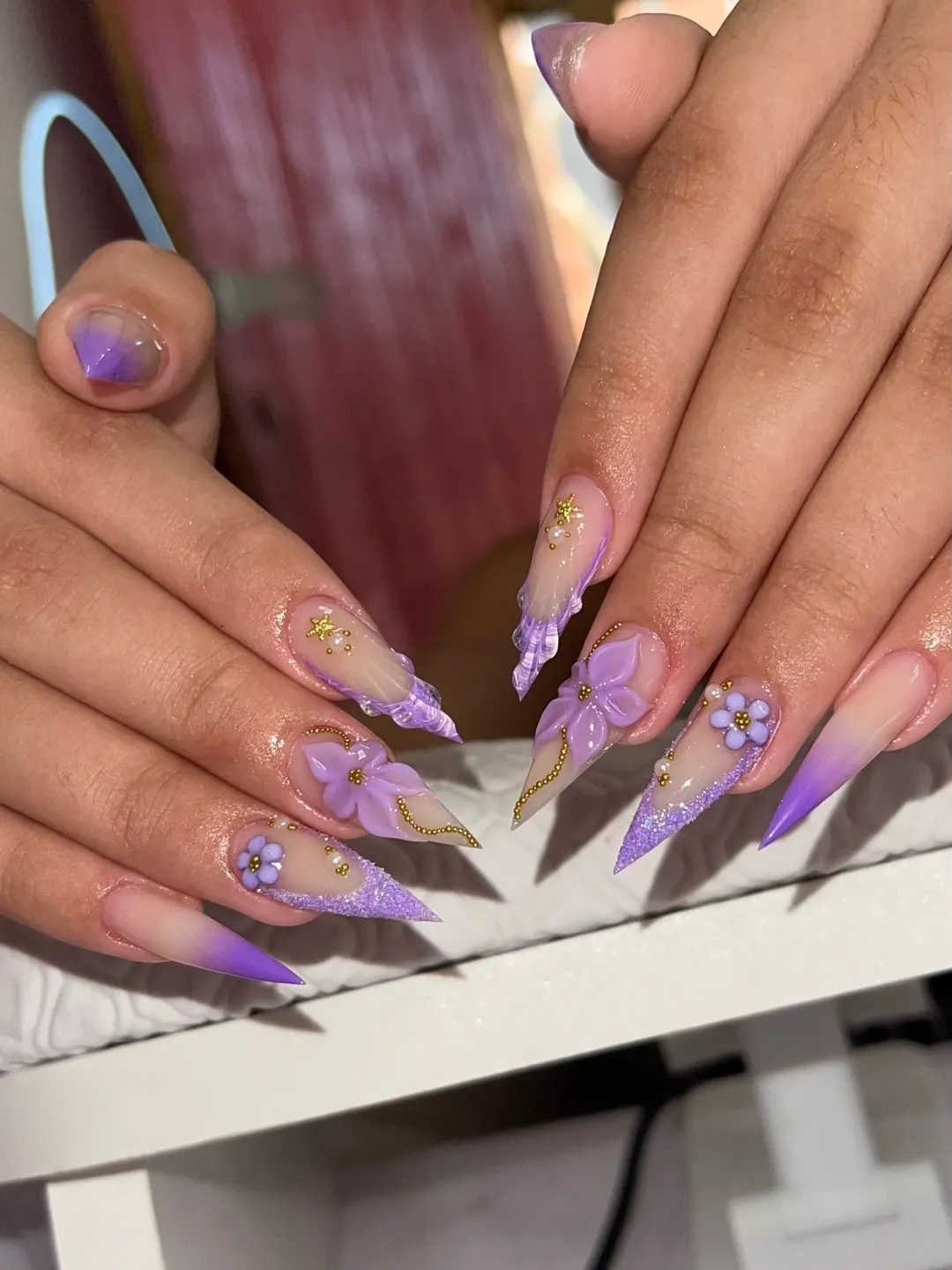 Lavender 3D Floral Stiletto Nails with Gold Accents