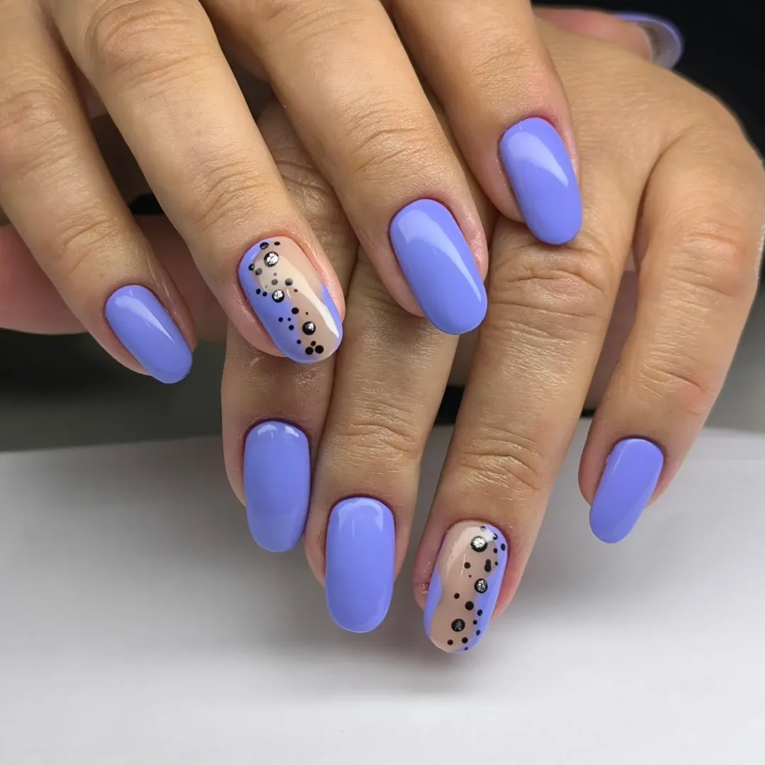 Lavender Abstract Almond Nails with Rhinestone Accents