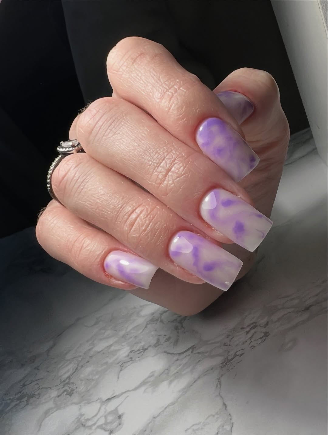 Lavender And White Swirl Milky Square Nails