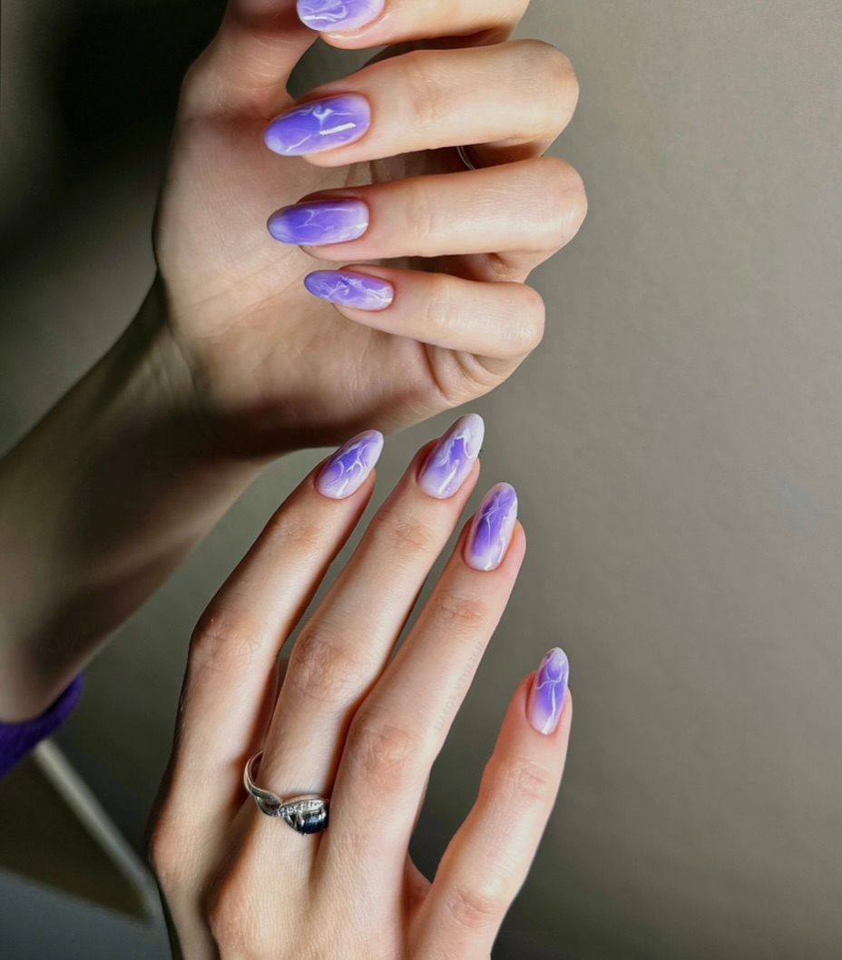Lavender Aura Stain Ghost Swirl Almond Nails