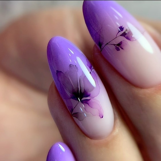Lavender Bloom Watercolor Floral Almond Nails