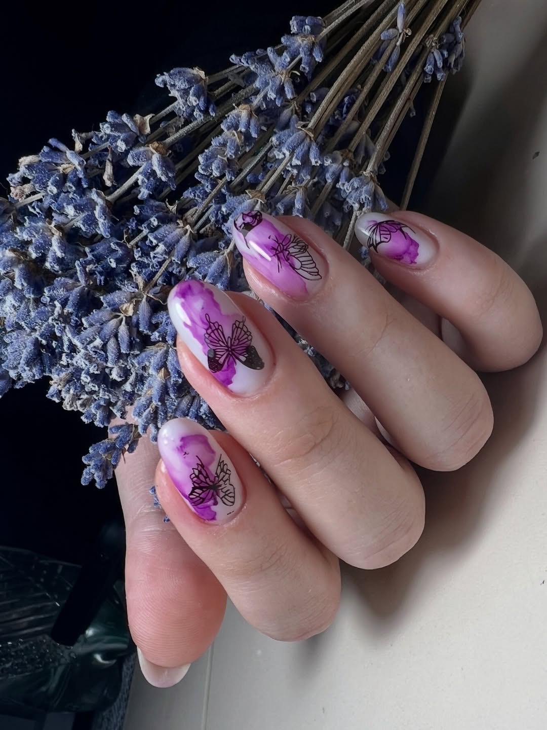 Lavender Butterfly Watercolor Glossy Oval Nails