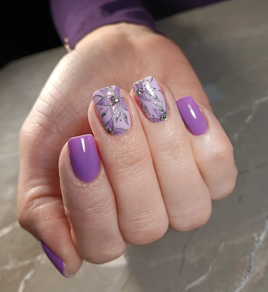 Lavender Floral Glossy Square Nails with Silver Glitter