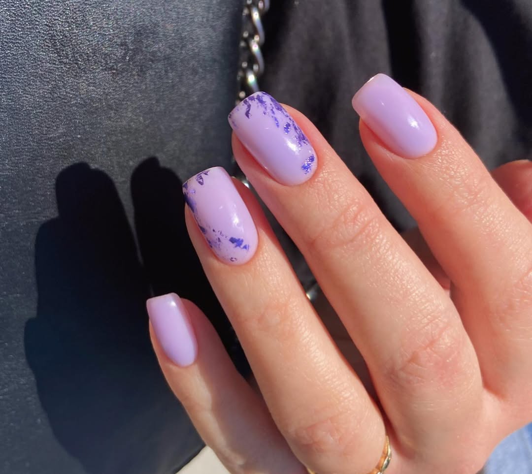 Lavender Glossy Nails With Purple Flakes
