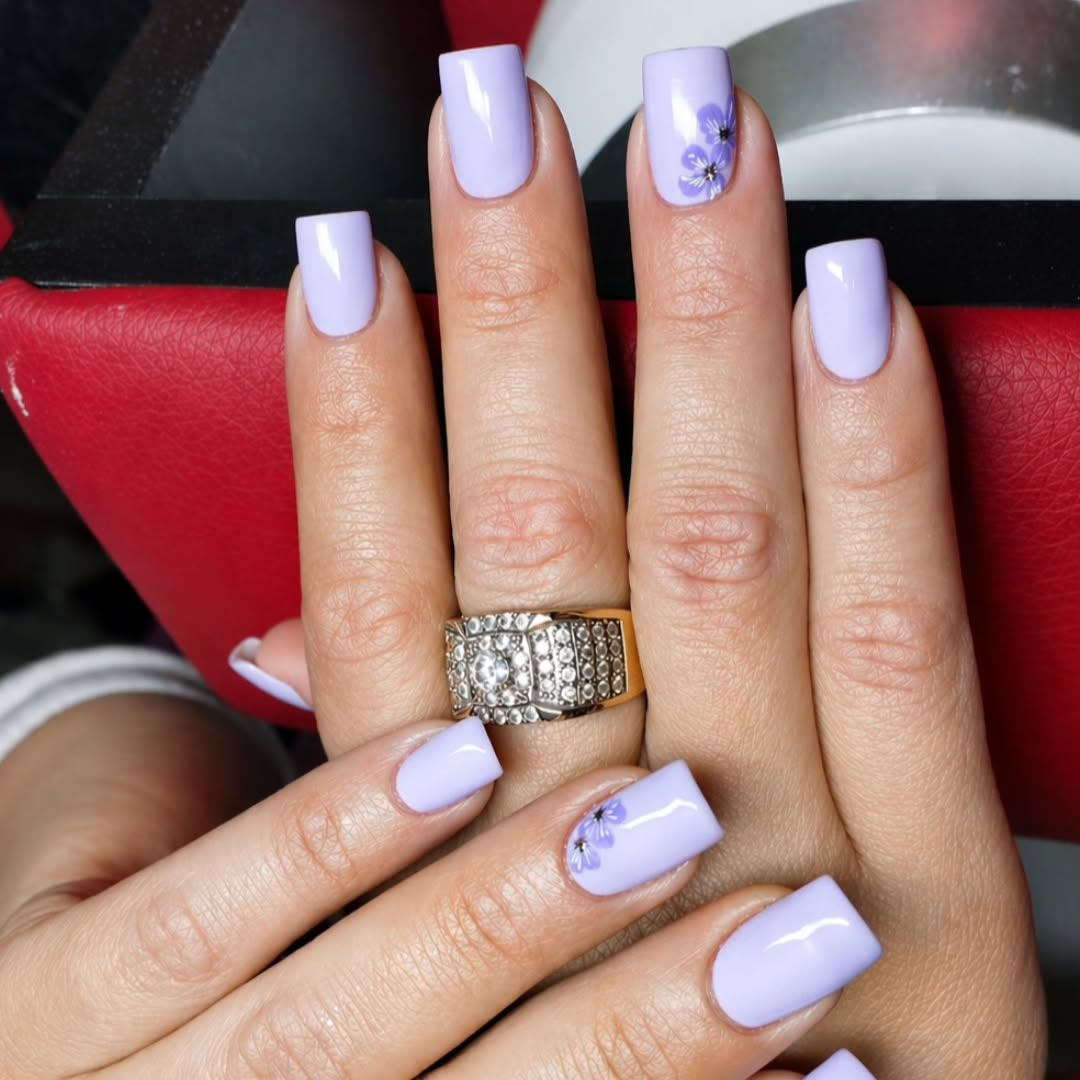 Lavender Glossy Square Nails with Delicate Purple Floral Art