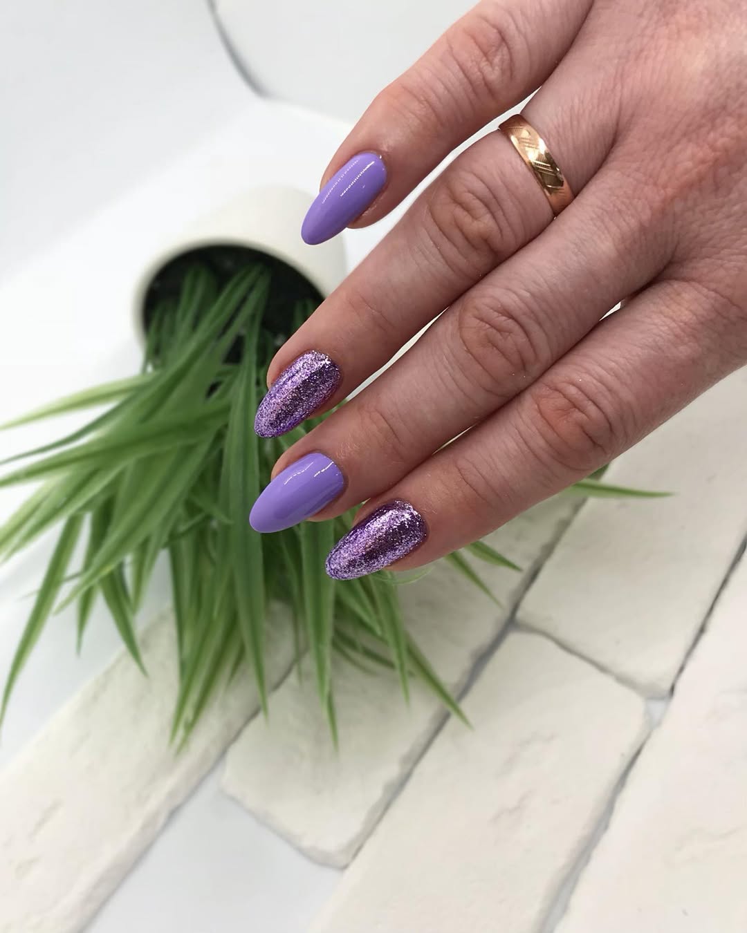 Lavender Jelly Glossy Nails with Purple Glitter Accents