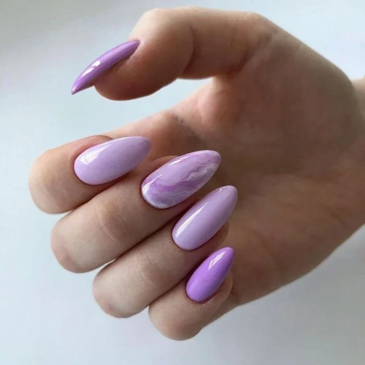 Lavender Marble Swirl Glossy Almond Nails