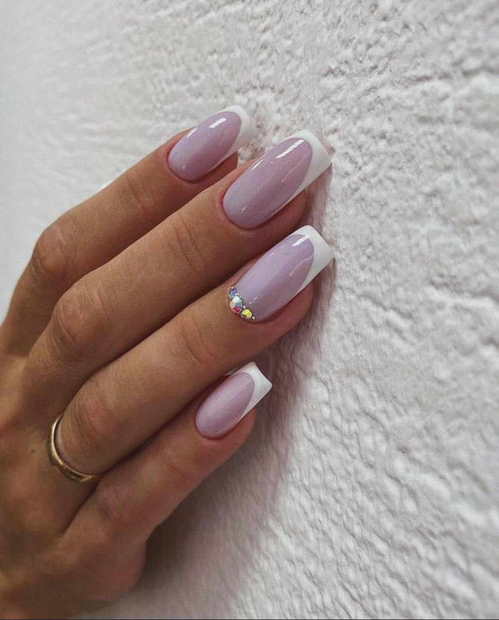 Lavender Shimmer French Tips With Rhinestone Accent
