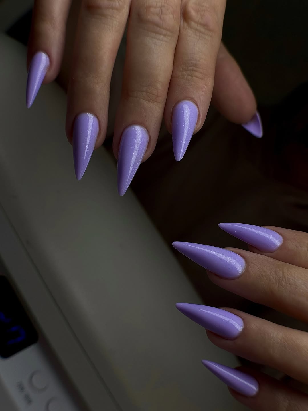 Lavender Shimmer Stiletto Long Nails