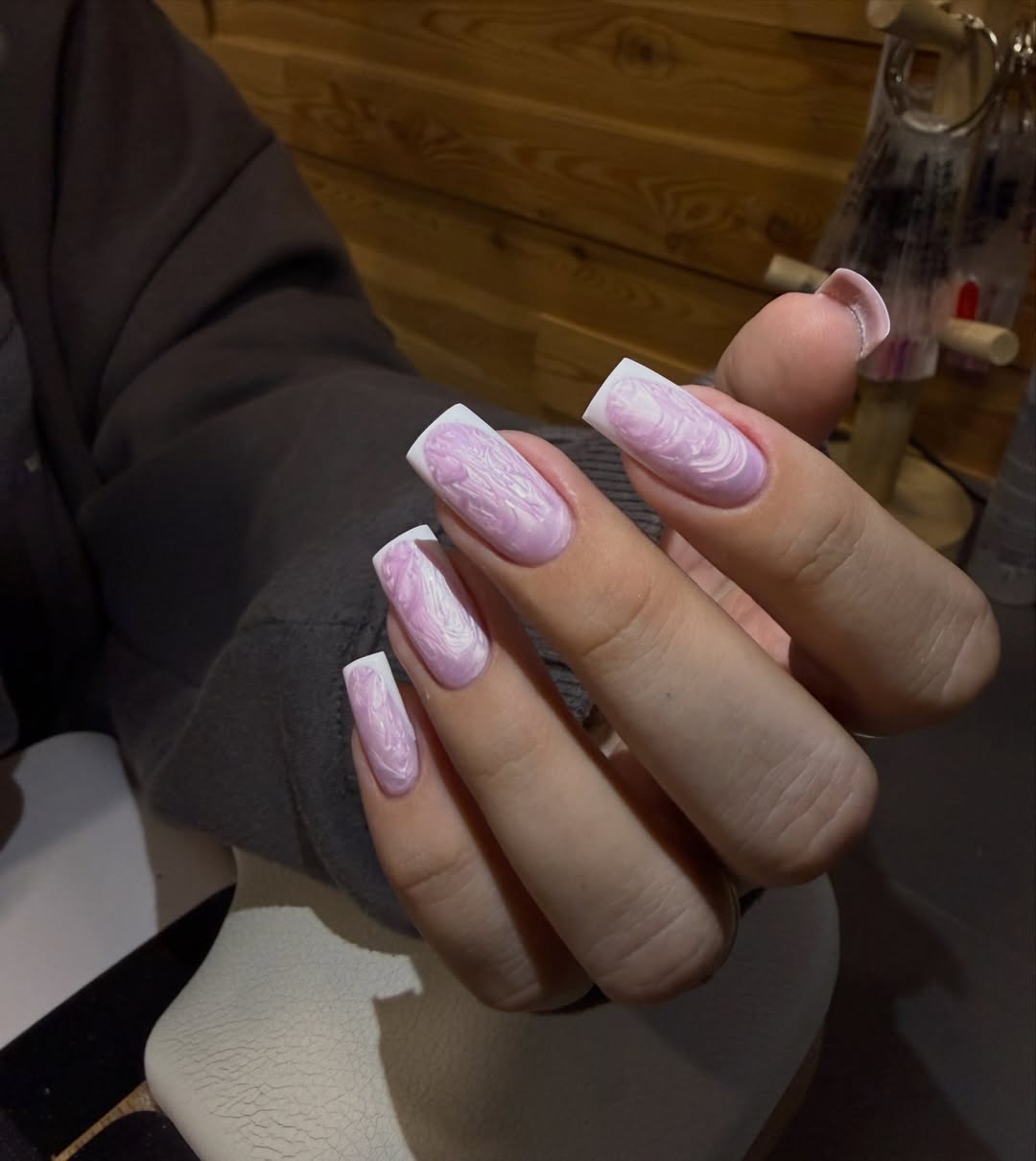 Lavender Swirl White French Tips Long Square