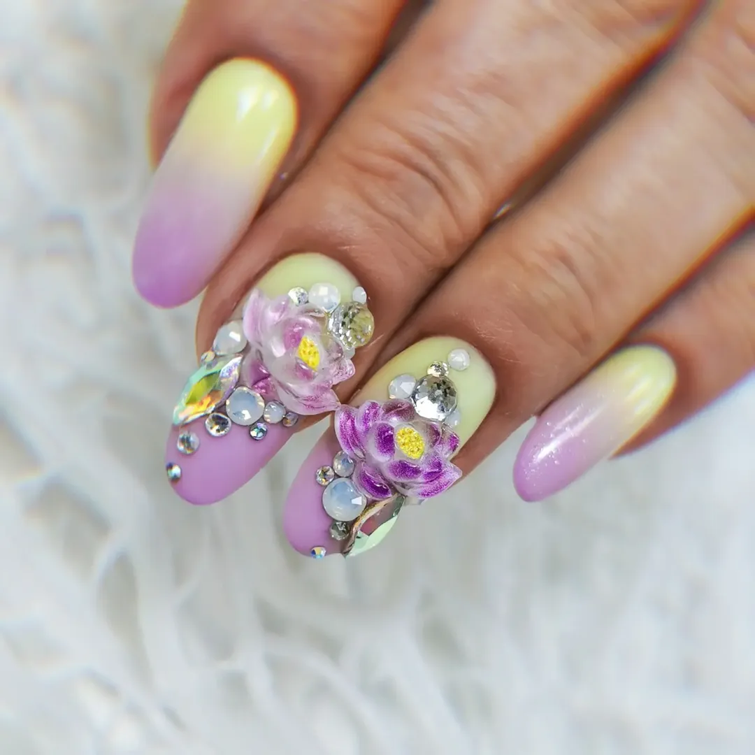 Lavender Yellow Ombre with 3D Floral Rhinestones