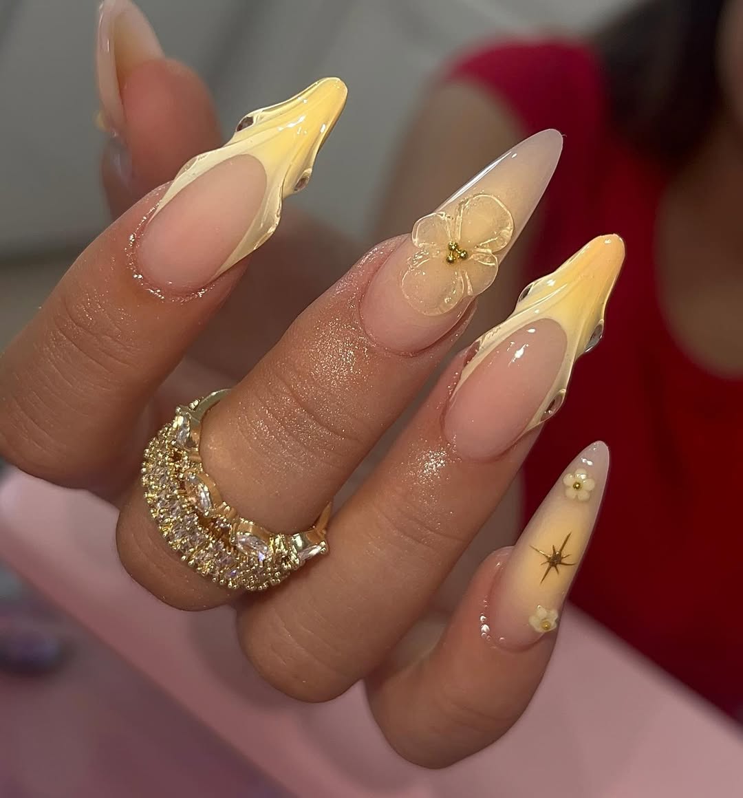 Lemon Drop 3D French Tips With Floral Accents