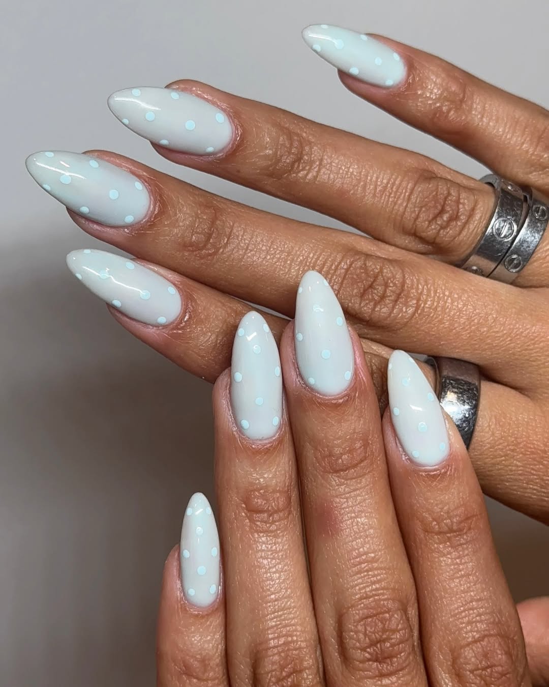 Light Blue Polka Dot Stiletto Glossy Gel Nails