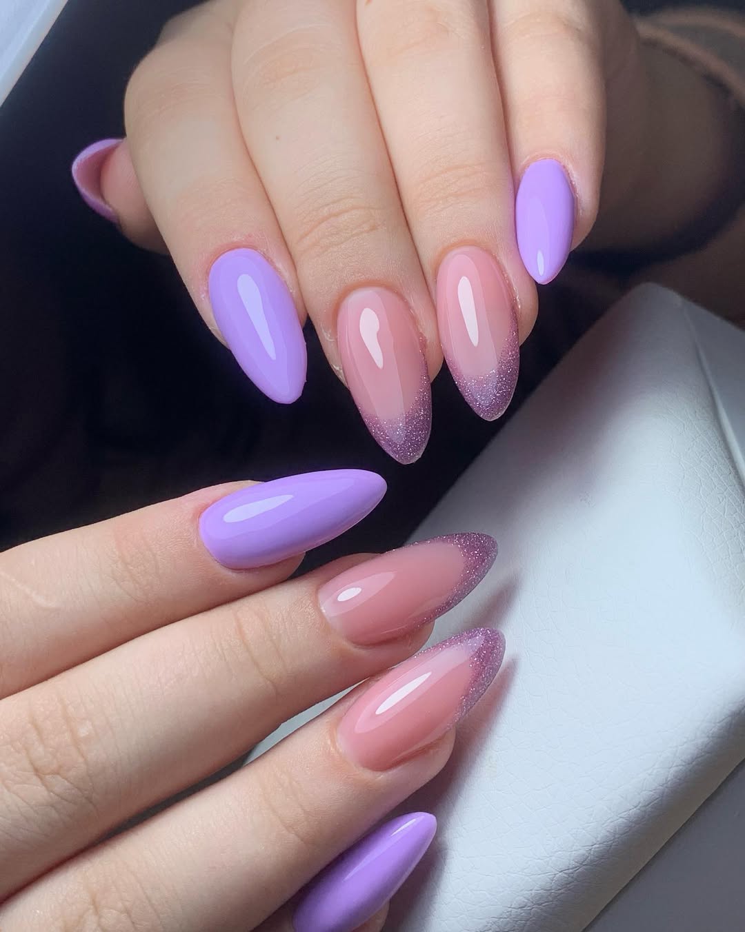Lilac Solid Glitter Ombre Almond Nails