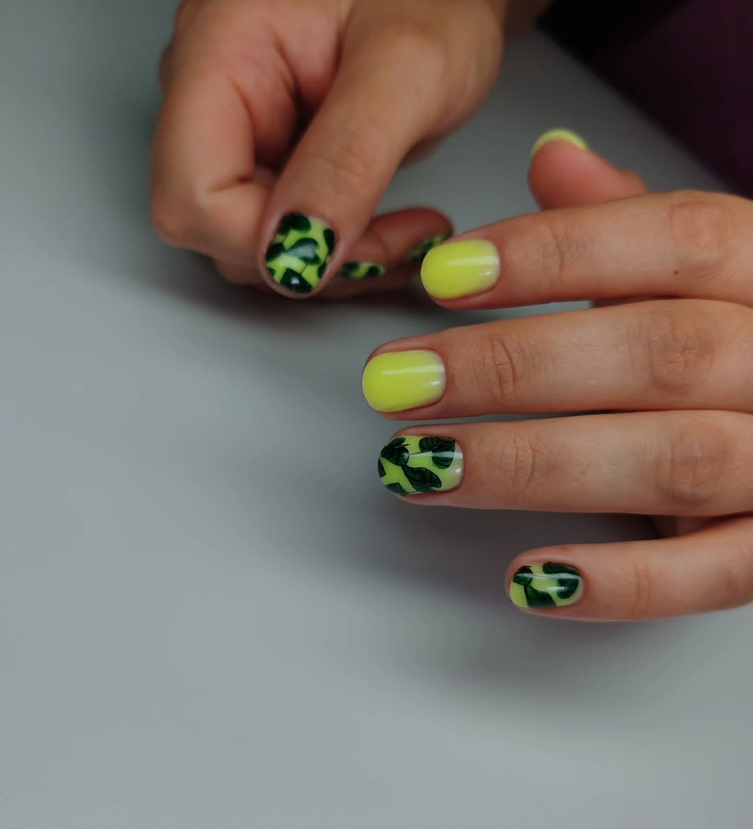 Lime Green and Tropical Leaf Short Squoval Nails