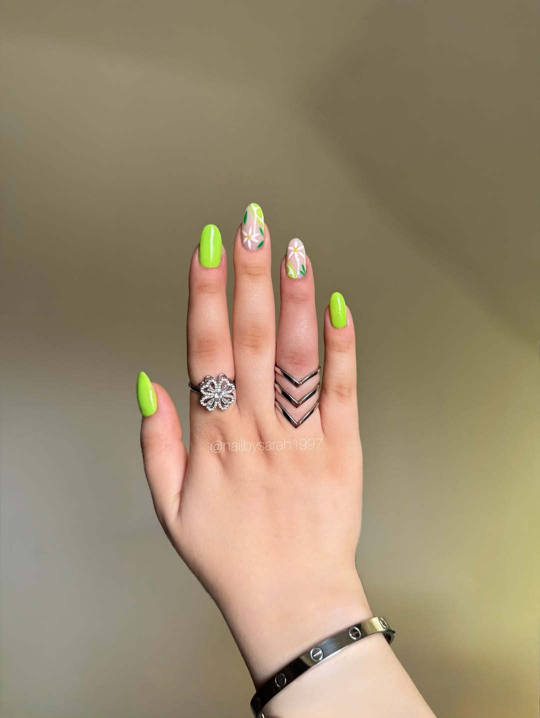 Lime Green Floral Accent Glossy Oval Nails