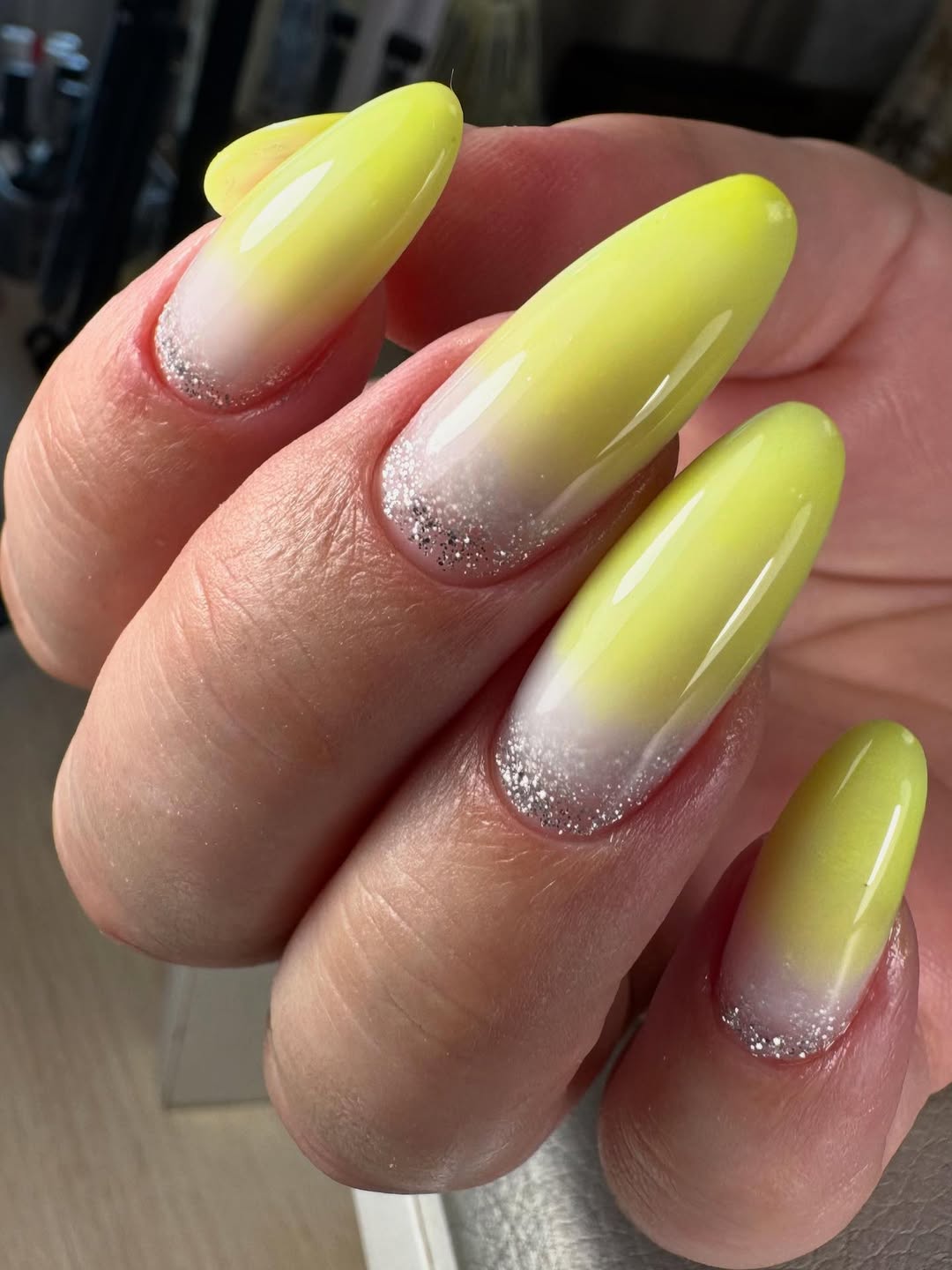 Lime Green Ombre Glitter Almond Nails