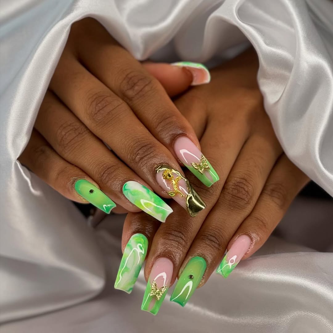Lime Green Swirl Chrome French Butterfly Coffin