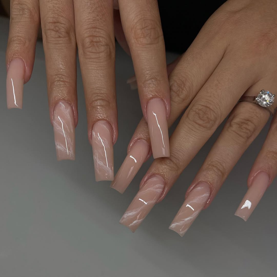 Long Nude Marble Square Gel Extensions