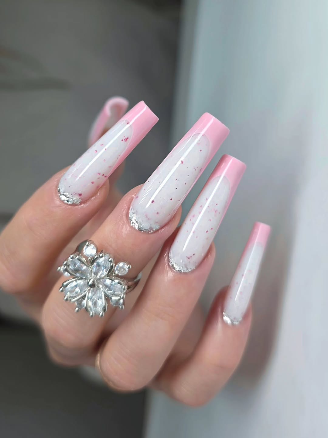 Long Pink French Tips With Speckled White And Silver Glitter