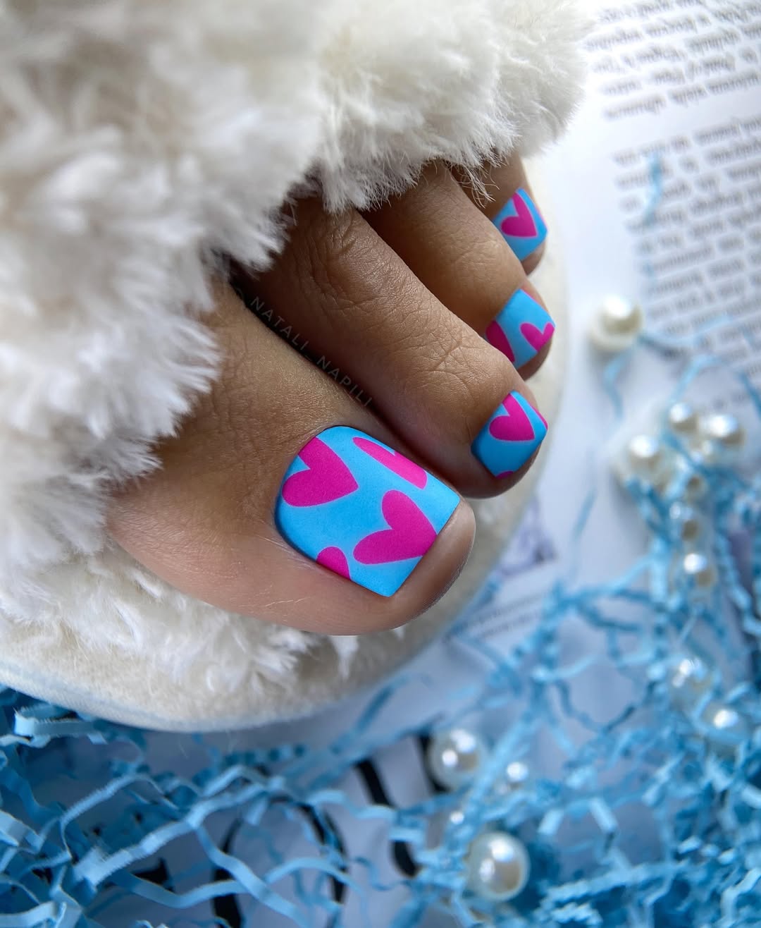Matte Aqua Blue Pedicure with Fuchsia Heart Art
