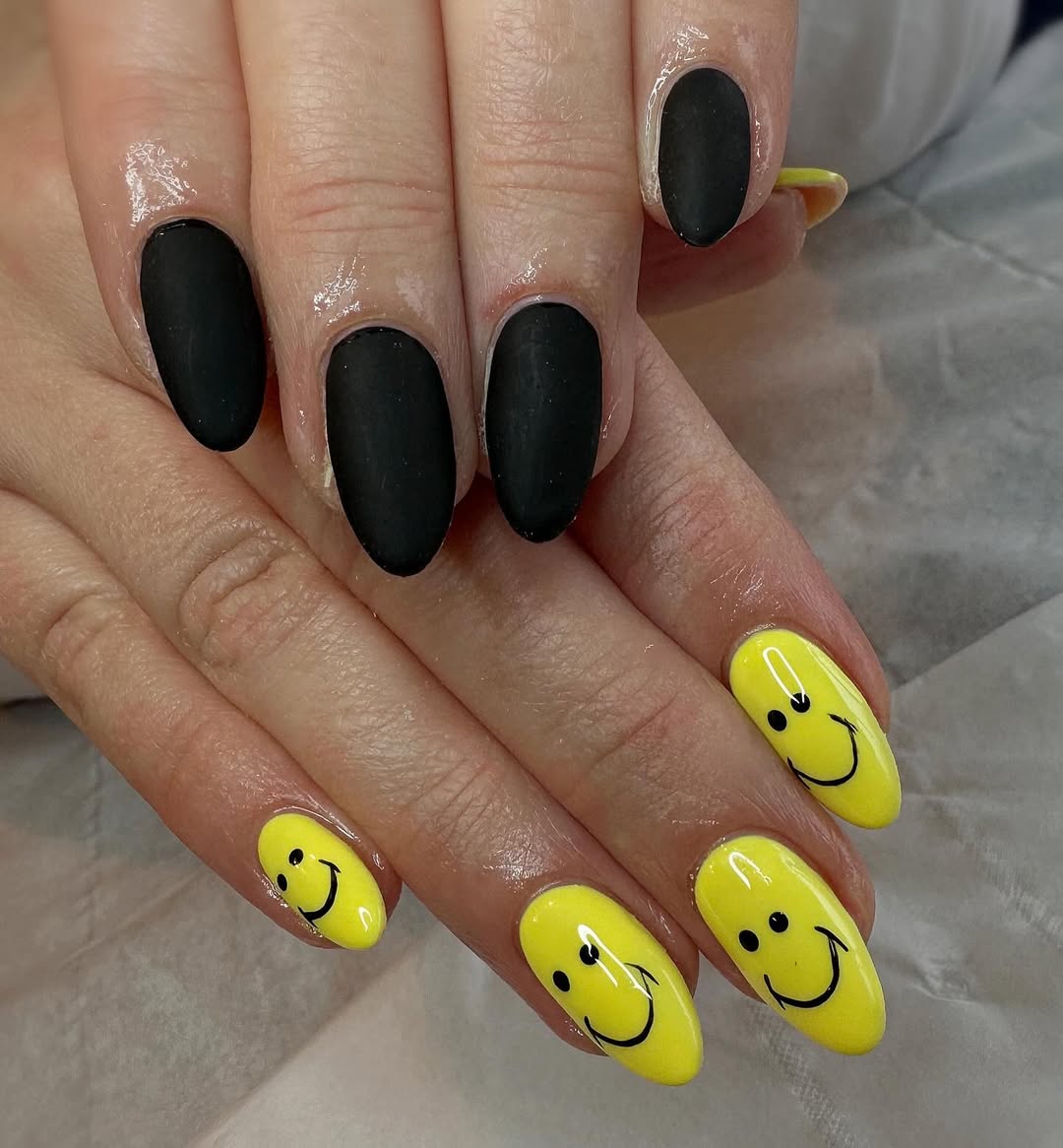 Matte Black and Glossy Yellow Smiley Face Nails