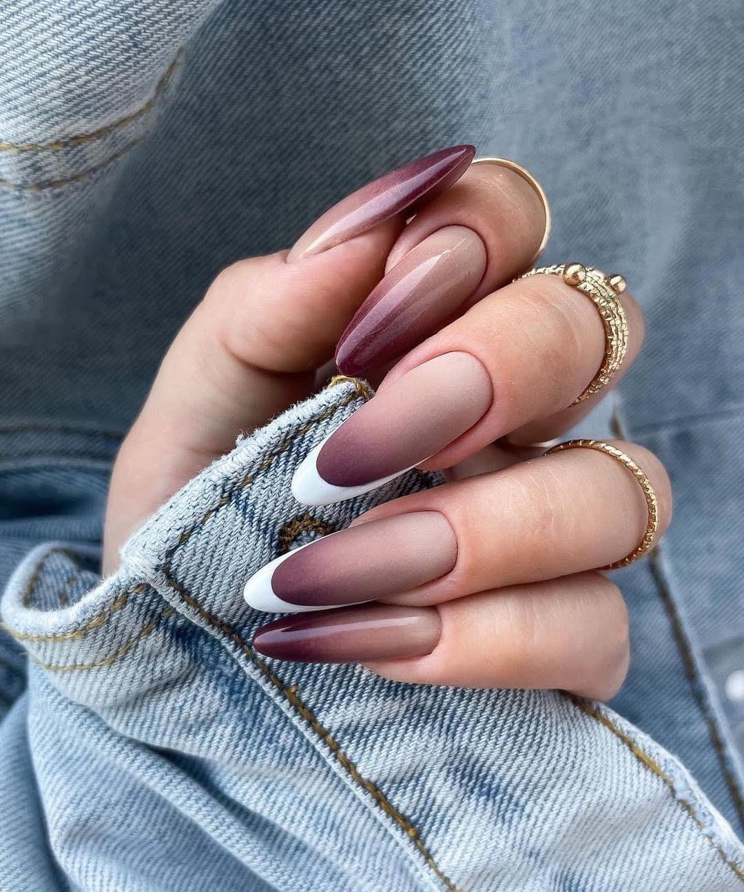 Matte Burgundy Nude Ombre French Almond Tips