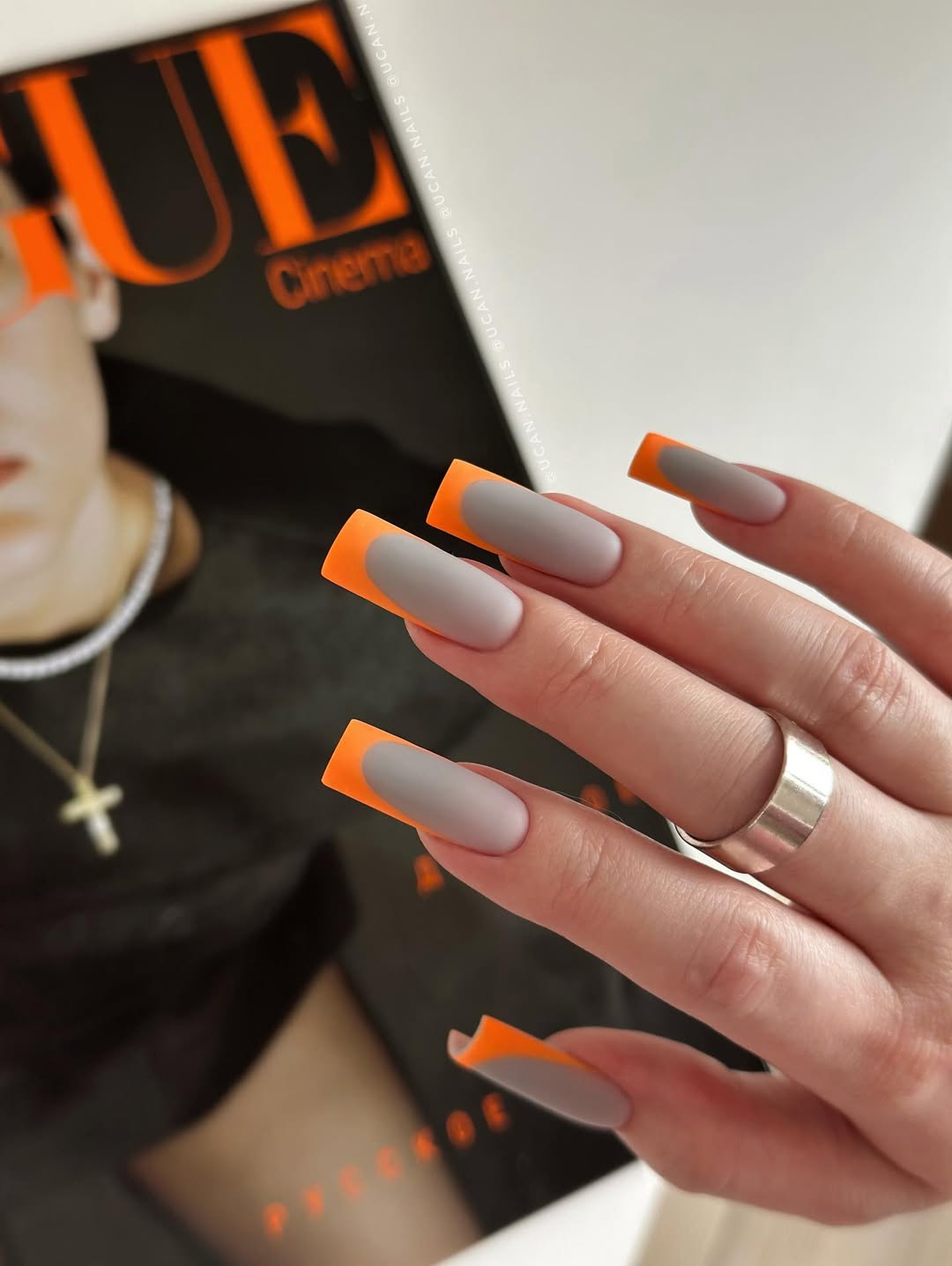 Matte Gray and Neon Orange French Tips