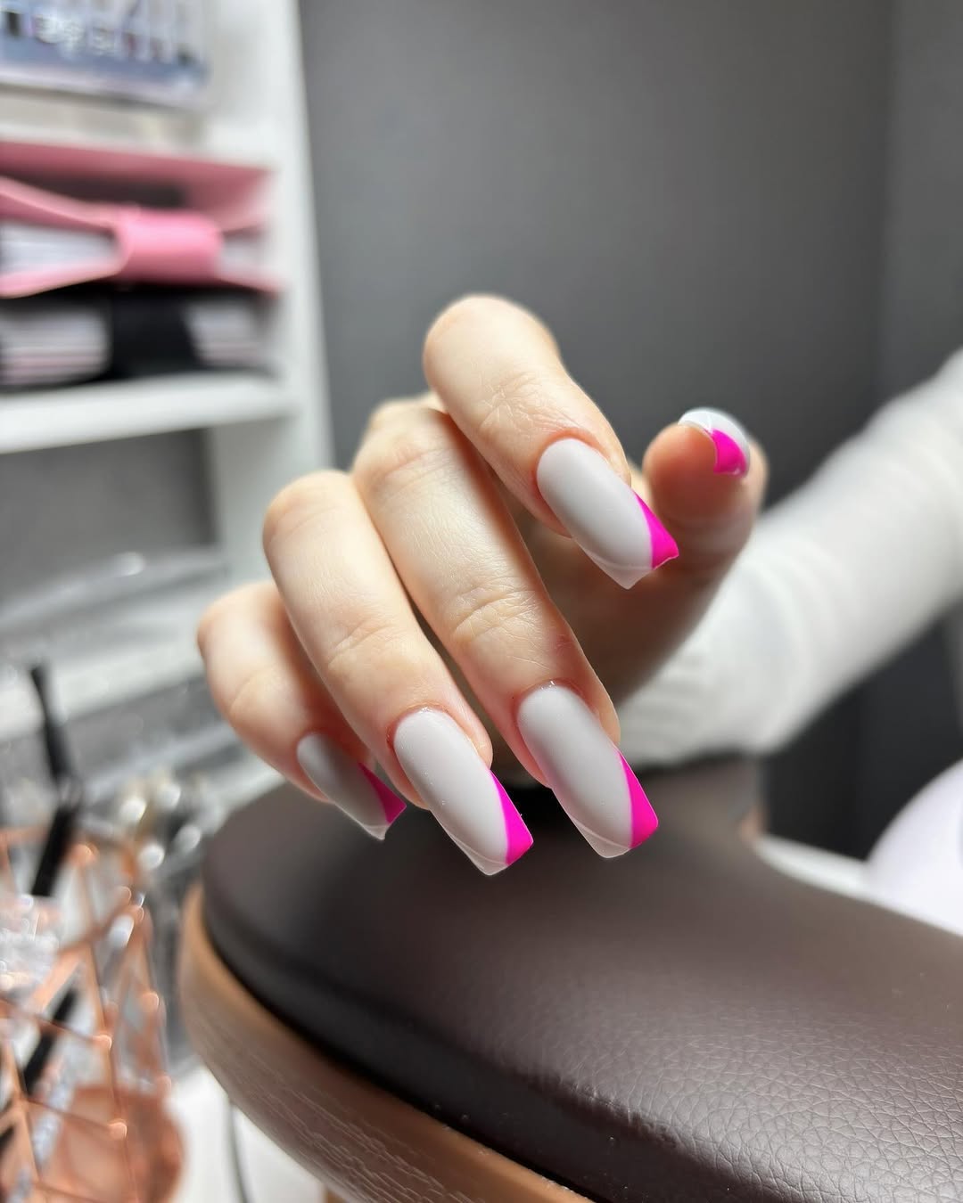 Matte Gray Pink Diagonal French Tip Coffin Nails