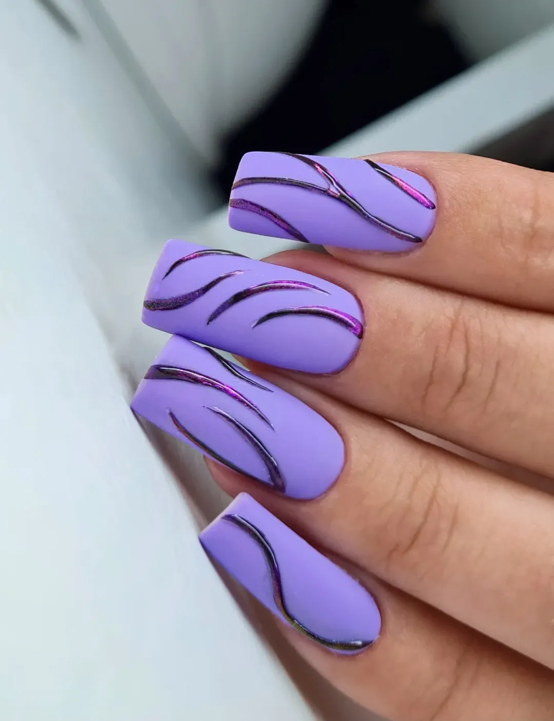 Matte Lavender Chrome Swirl Long Coffin Nails