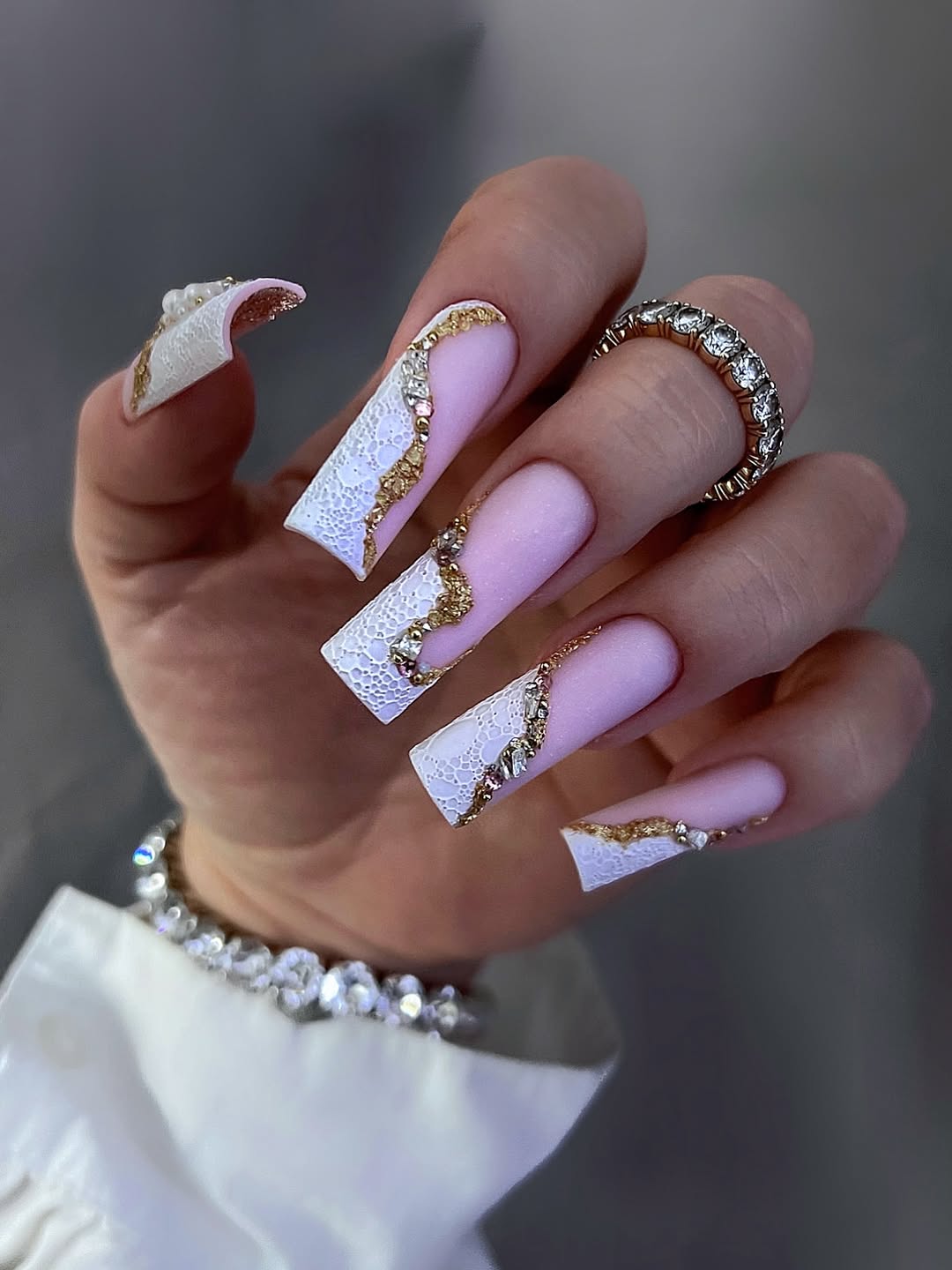 Matte Lavender Lace and Gold Ombre Coffin Nails