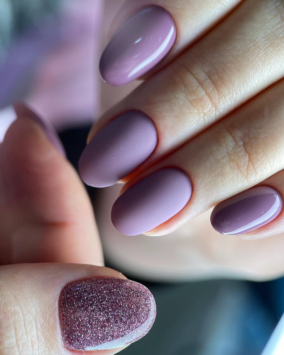 Matte Lilac Almond Nails Two Accent Glitter