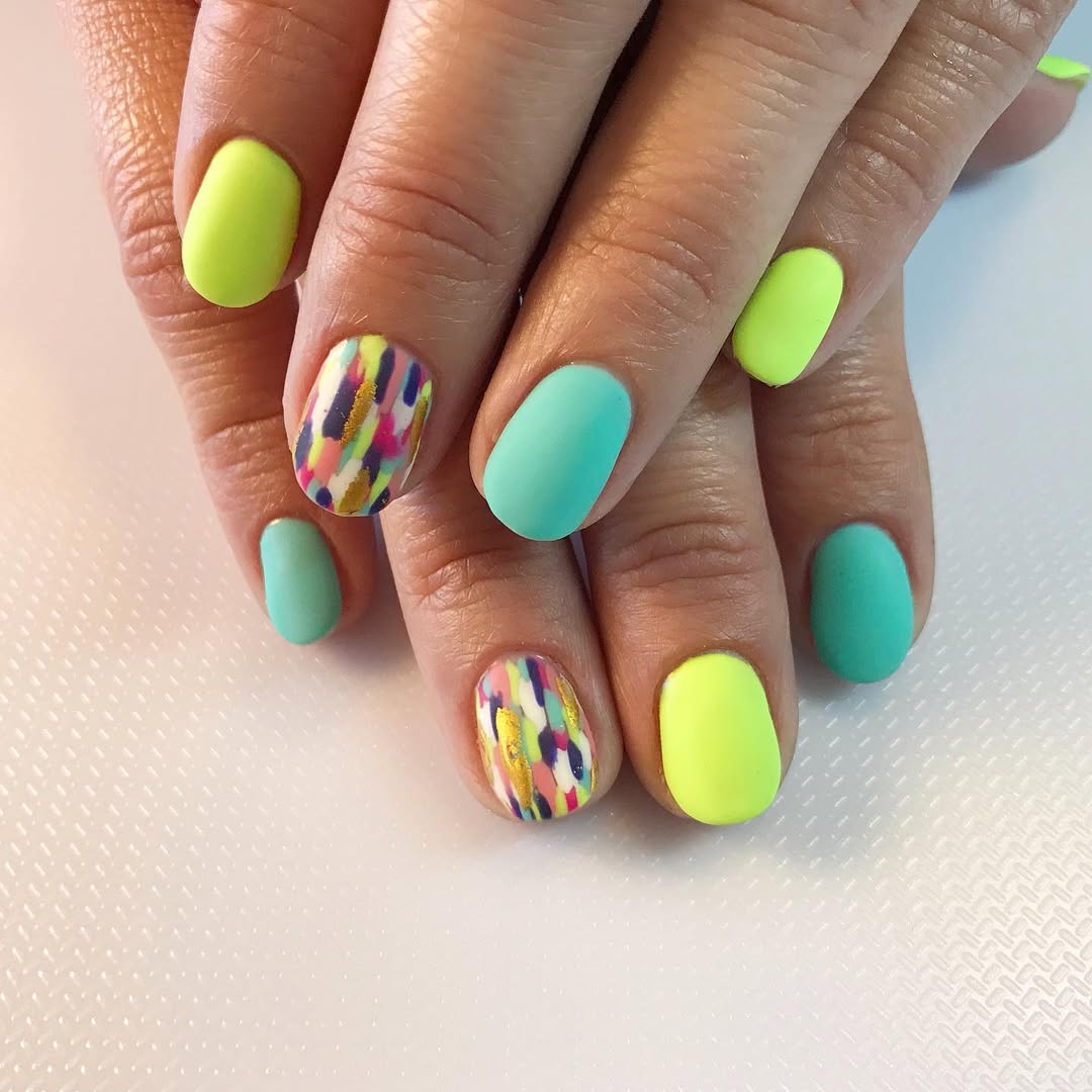 Matte Neon Mix and Match Short Oval Nails