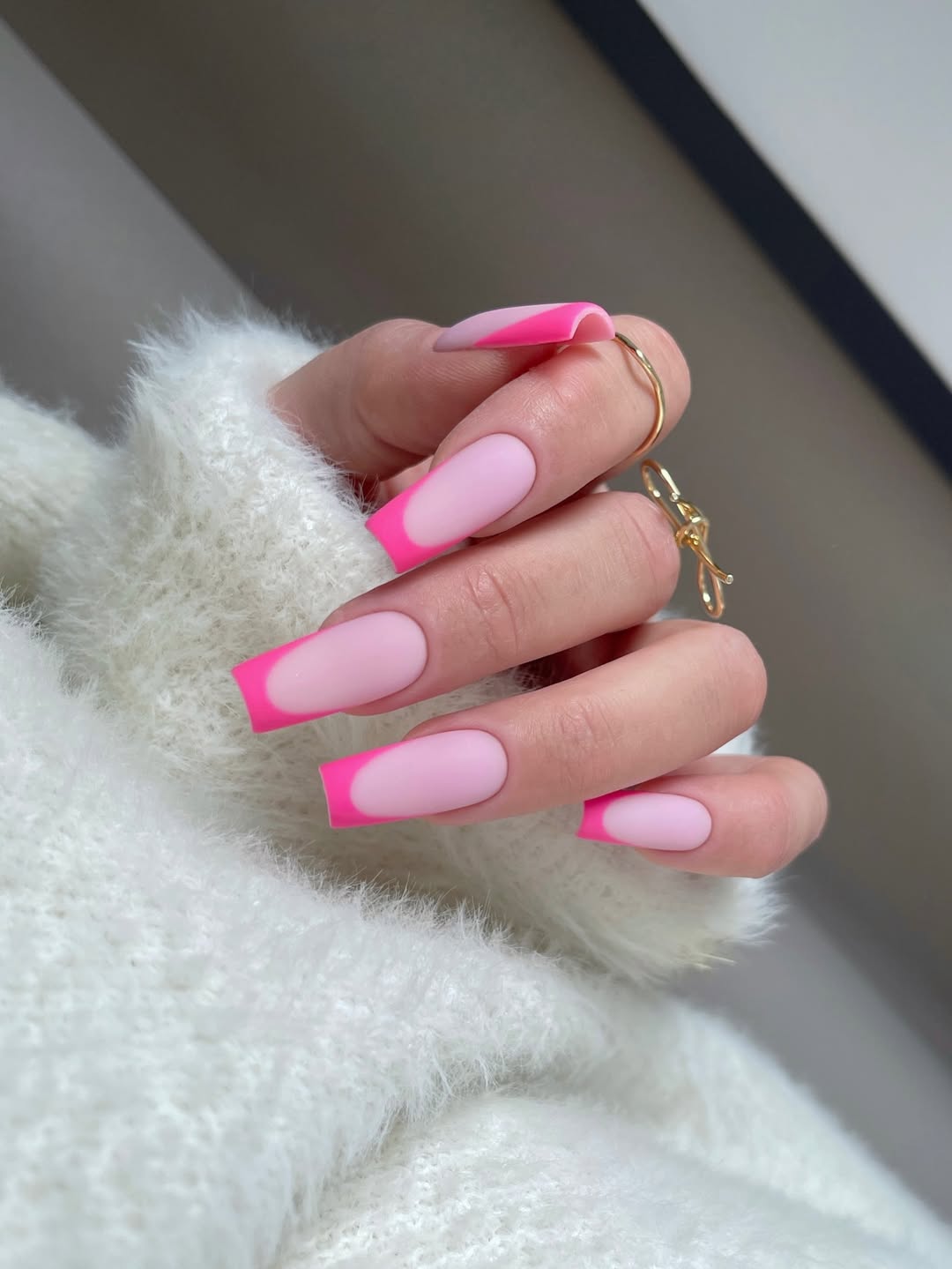 Matte Neon Pink French Tip Coffin Nails
