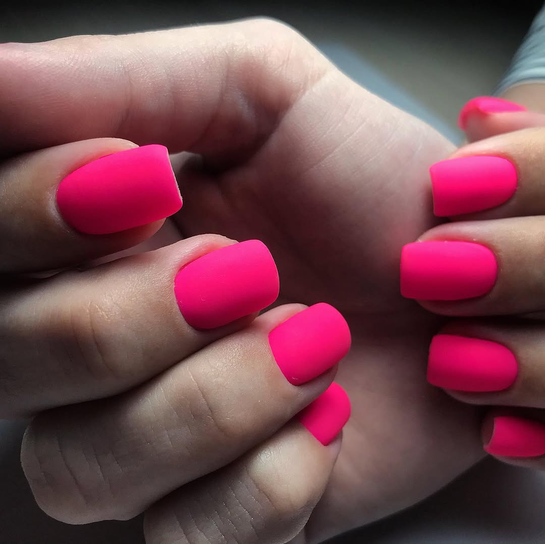 Matte Neon Pink Short Squoval Nails