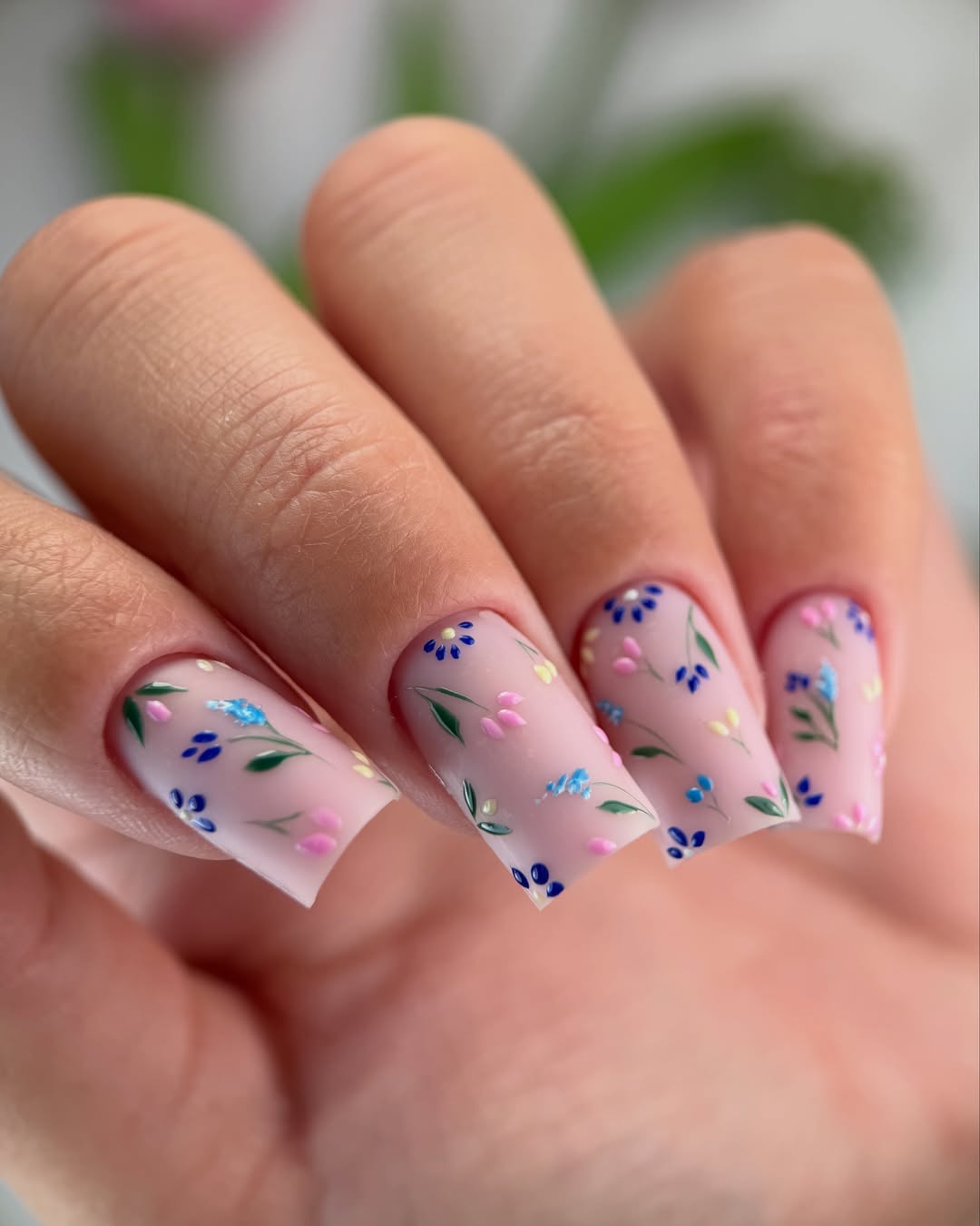 Matte Nude Tiny Floral Square Garden Nails