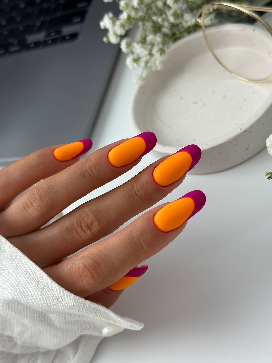 Matte Orange Magenta French Tip Oval Nails