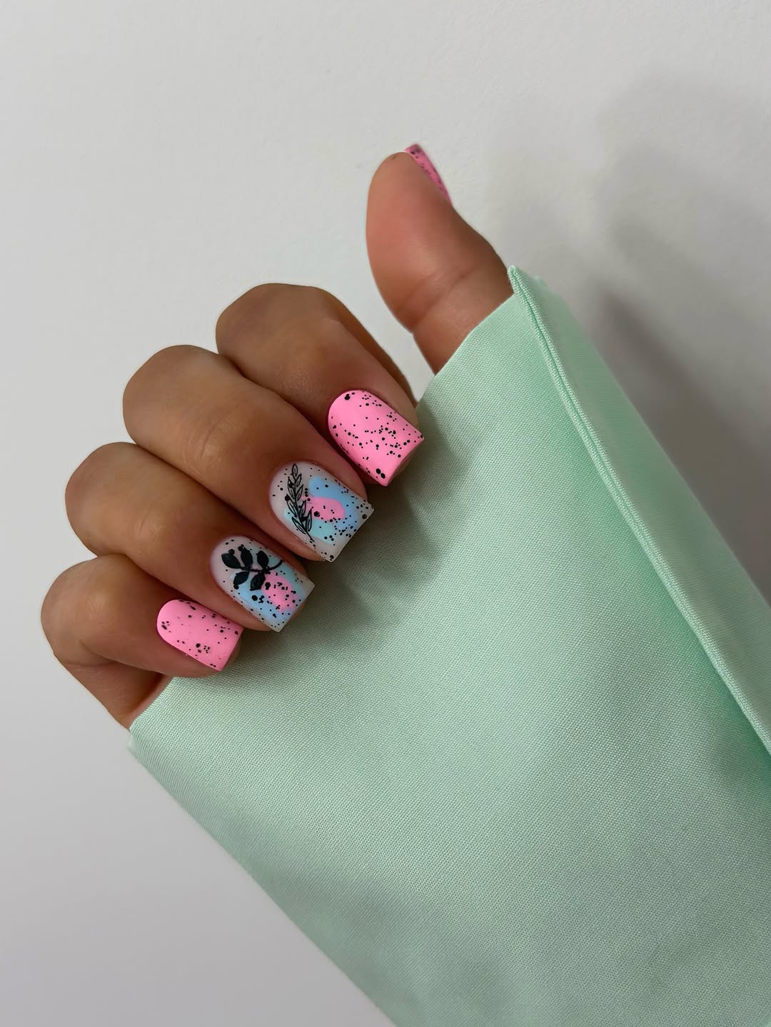 Matte Pink And White Abstract Doodle Square Nails
