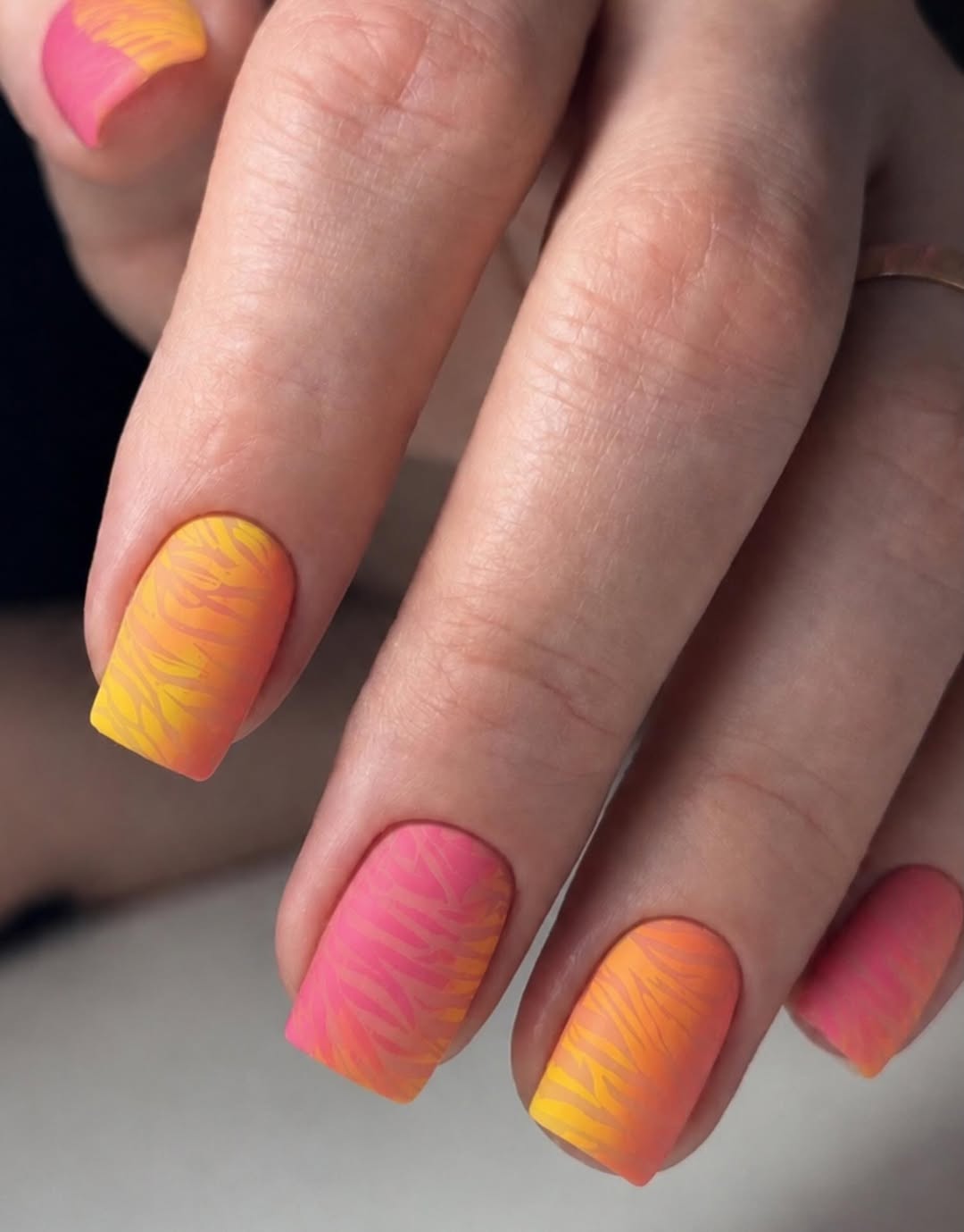 Matte Pink Orange Ombre Zebra Print Nails